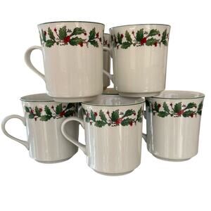 Vintage Holiday Mugs in Noel Pattern by China, Christmas Holly Dishes S/8